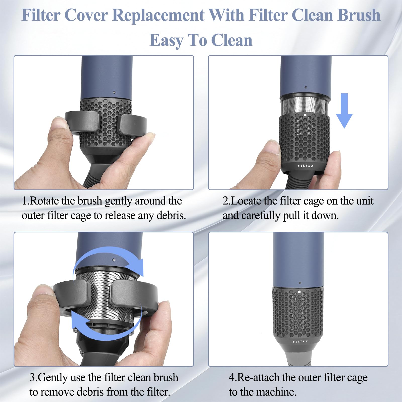 Complete replacement filter cage kit showing the precise dimensions for model HS01 and HS05.
