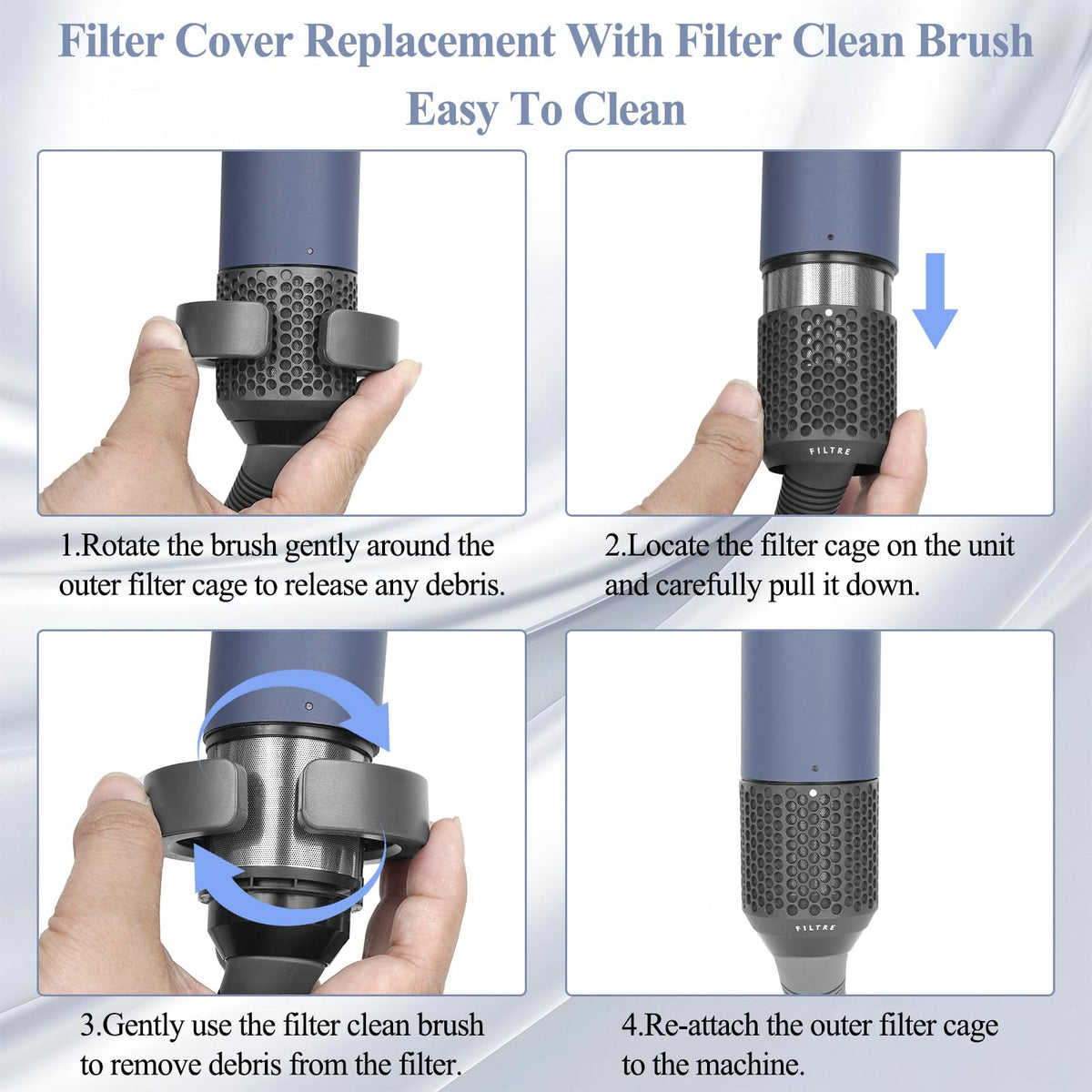 Complete replacement filter cage kit showing the precise dimensions for model HS01 and HS05.