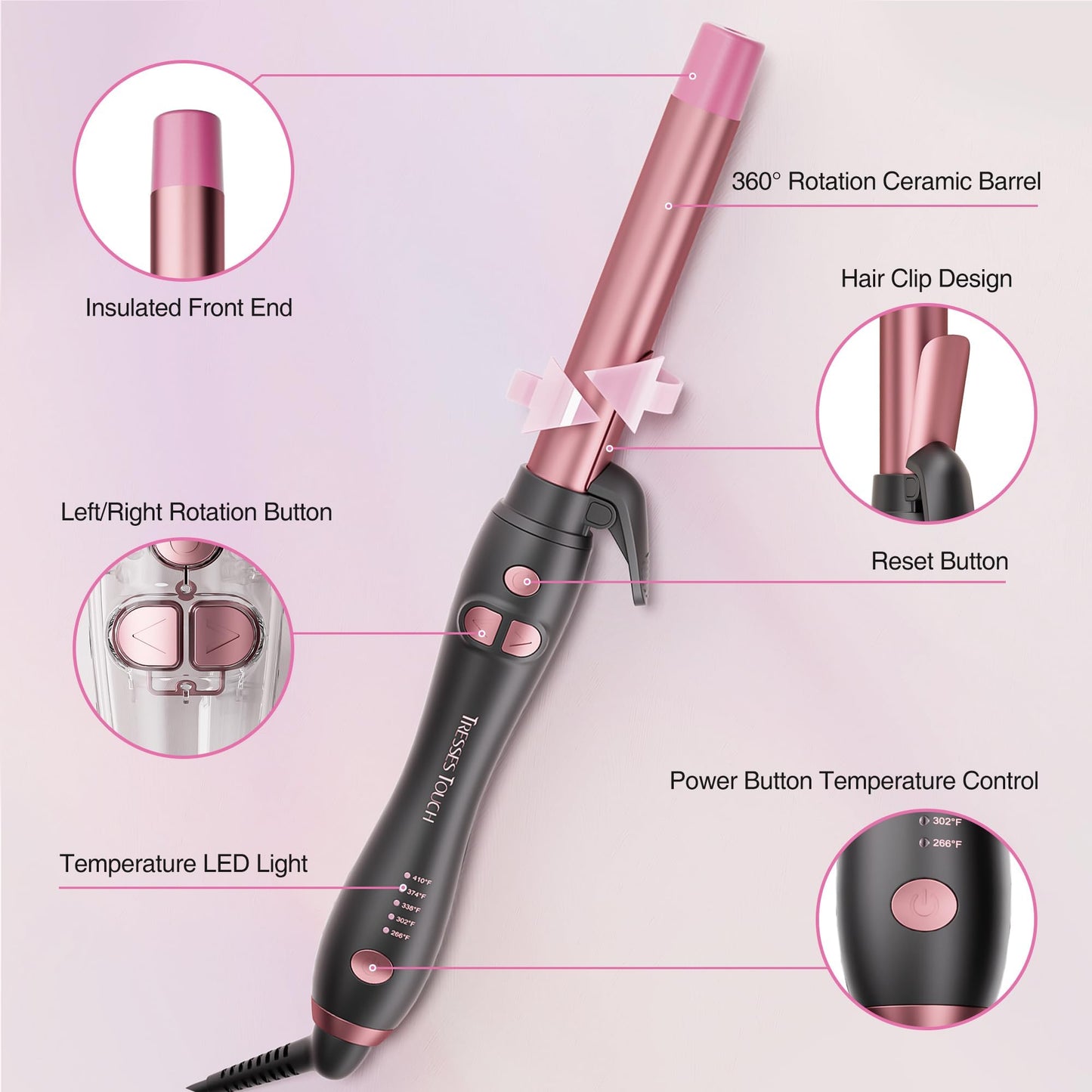 Tresses Touch automatic curling machine angled view emphasizing the rose gold accents