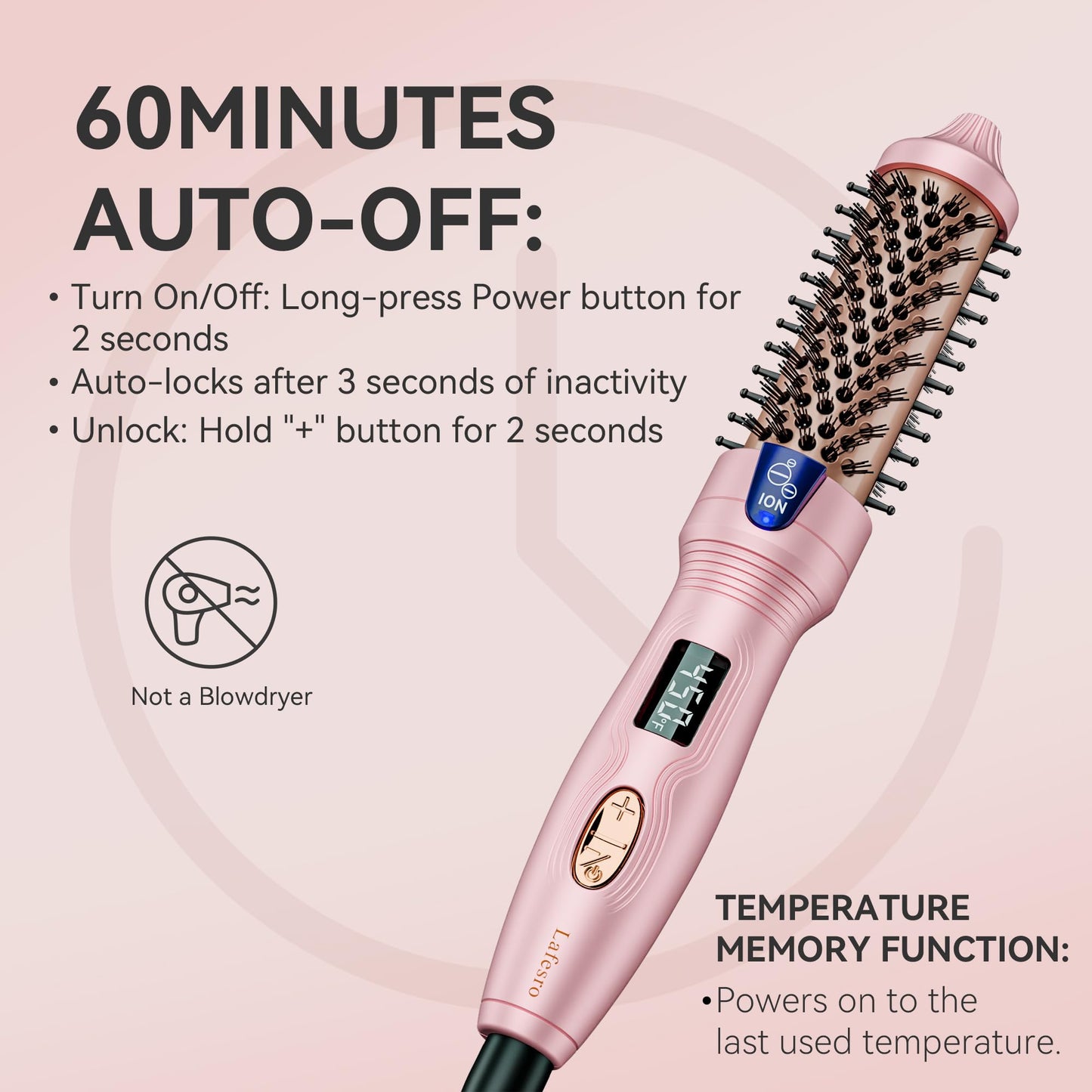 Lafesro travel ionic hot brush demonstrating sleek compact body proportions for easy packing.