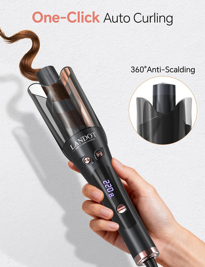 Close up of the 1 inch ceramic tourmaline barrel and anti scald protective guard of the LANDOT curler