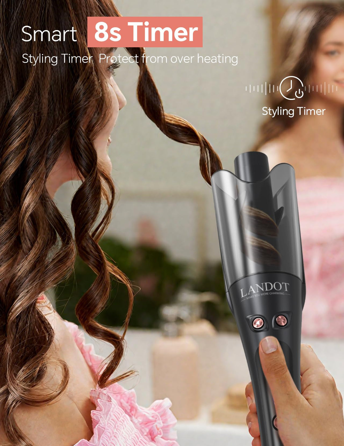 LANDOT automatic hair curling iron being used to create effortless beach waves for beginners