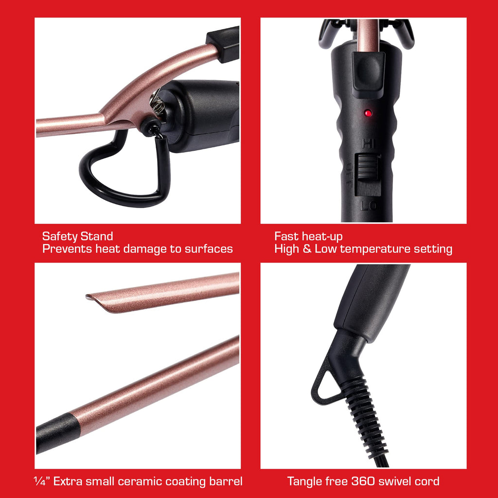 Extra small barrel hair curler featuring the silicone foldaway safety stand design