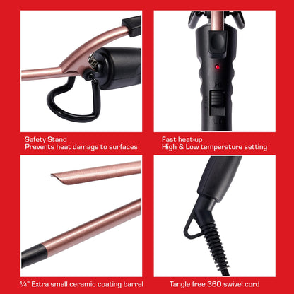Extra small barrel hair curler featuring the silicone foldaway safety stand design