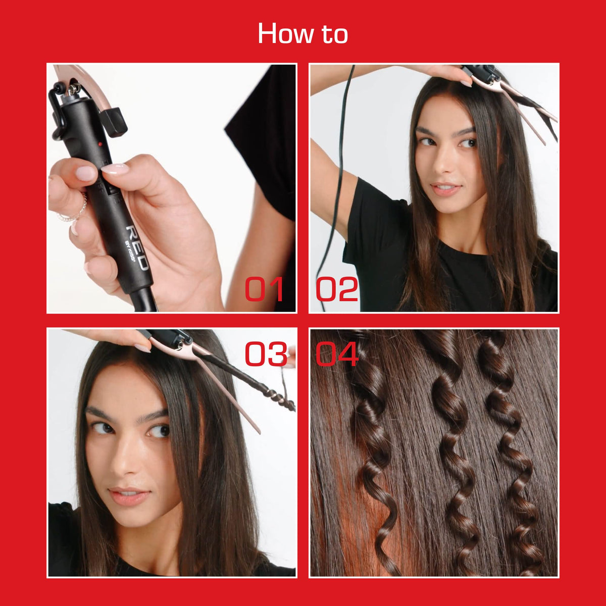 Red by Kiss professional tight ringlet curler displaying the ergonomic control switch