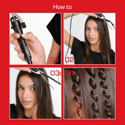 Red by Kiss professional tight ringlet curler displaying the ergonomic control switch