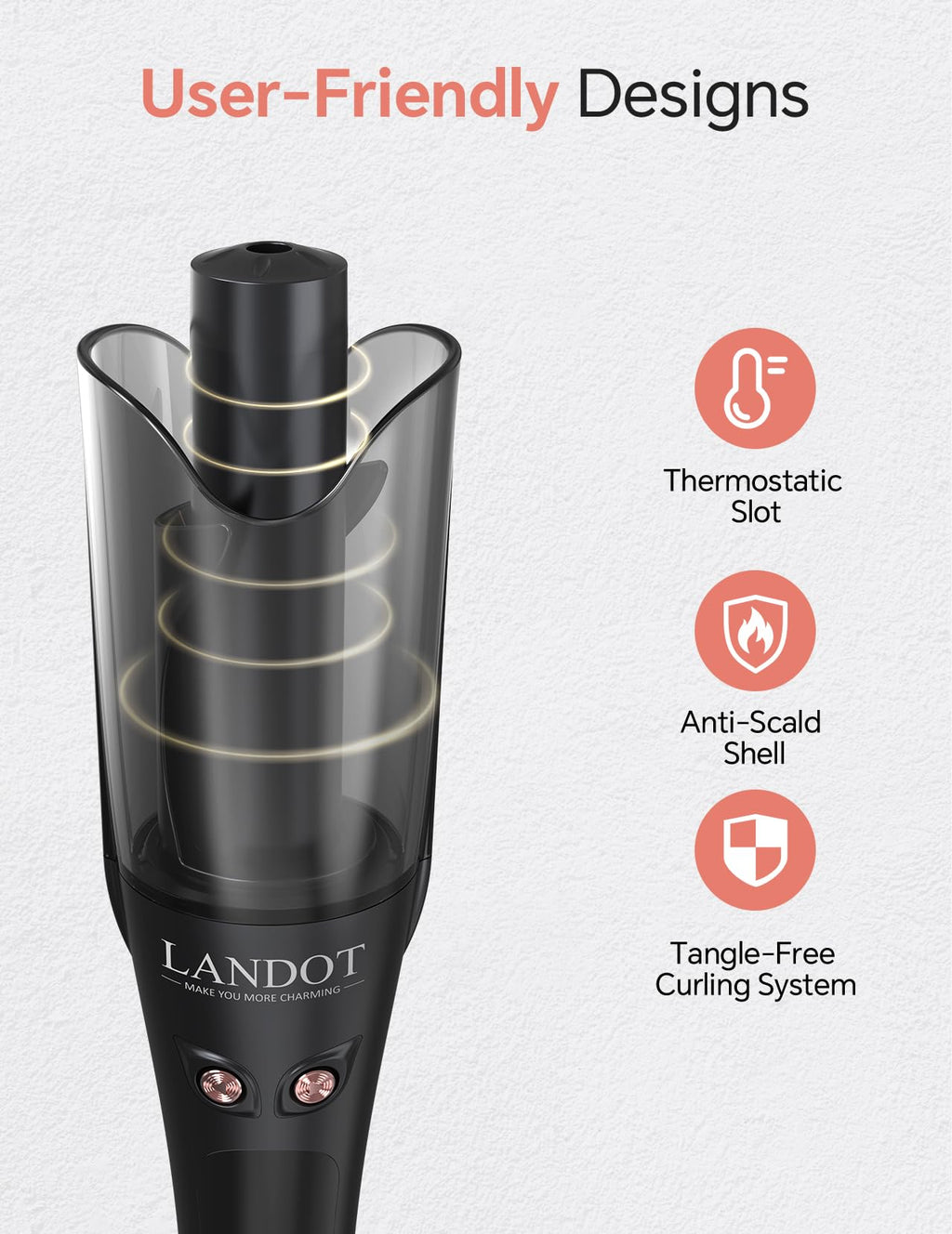 LANDOT 1 inch curling wand showing the comprehensive heat settings display on the handle