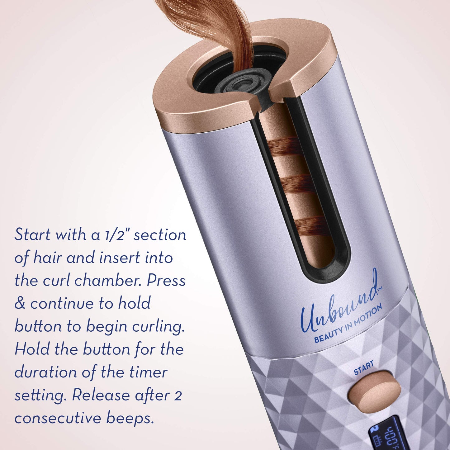 Rechargeable automatic hair curler by Conair with rose gold accents close up view.
