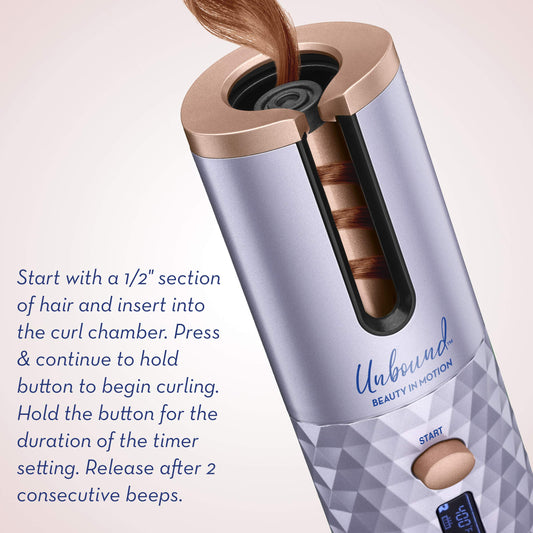 Rechargeable automatic hair curler by Conair with rose gold accents close up view.