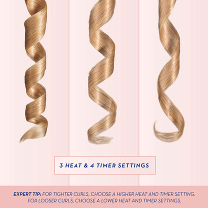 Conair multi-directional wireless curler displaying temperature and timer settings on LCD screen.