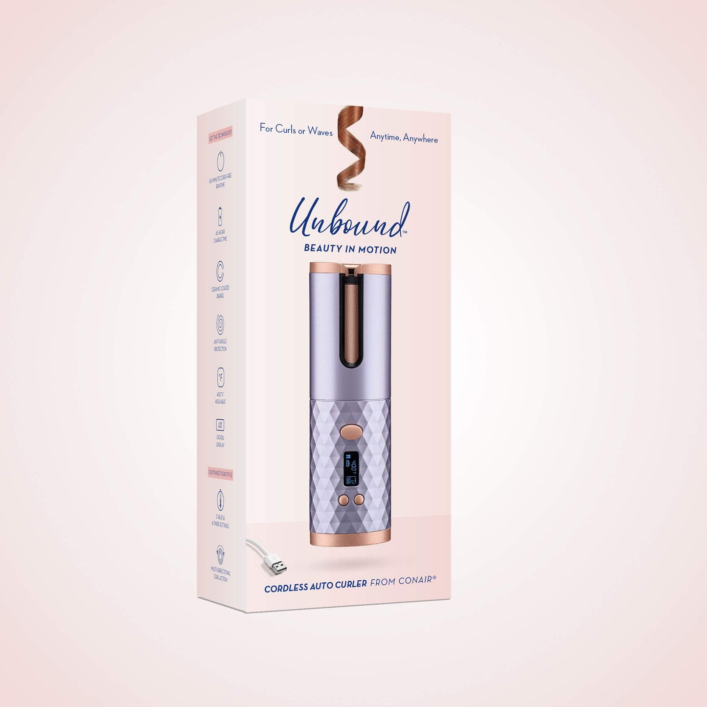 Conair Unbound automatic hair curler with included USB charging cable accessory.