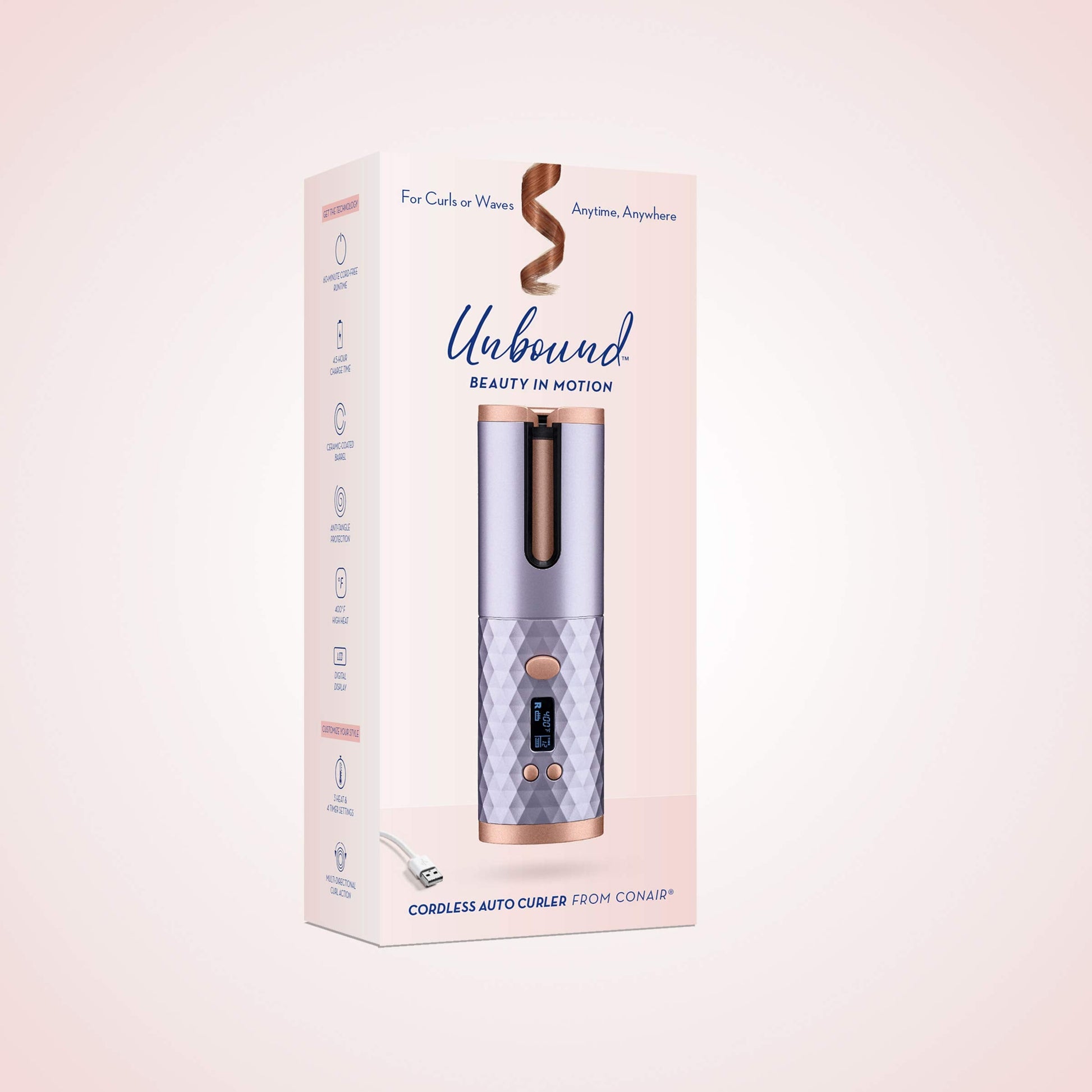 Conair Unbound automatic hair curler with included USB charging cable accessory.