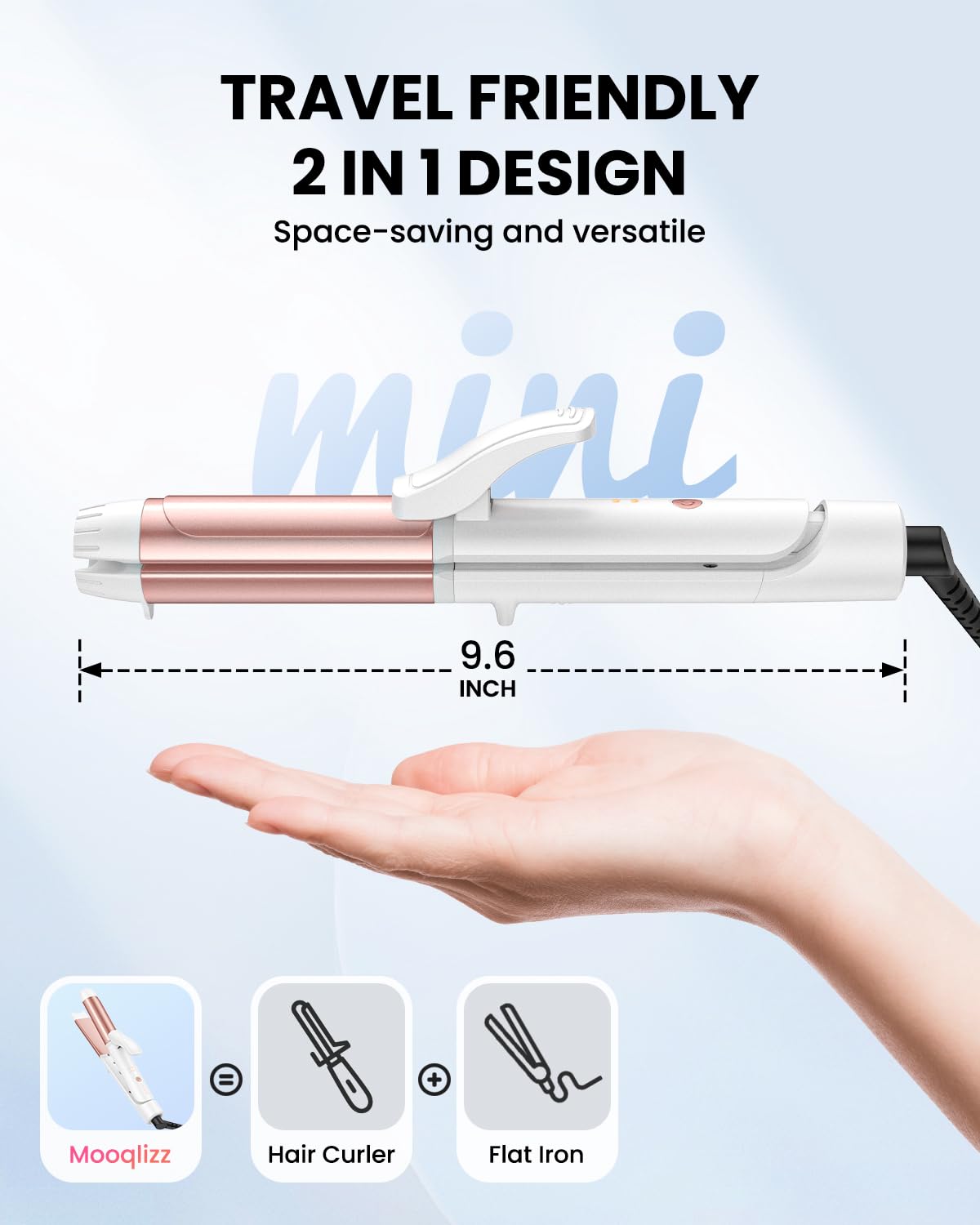 Mooqlizz international travel hair curler lifestyle image with included European plug adapter