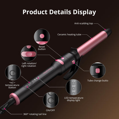 Full collection of five distinct pink curling attachments displayed together with the base