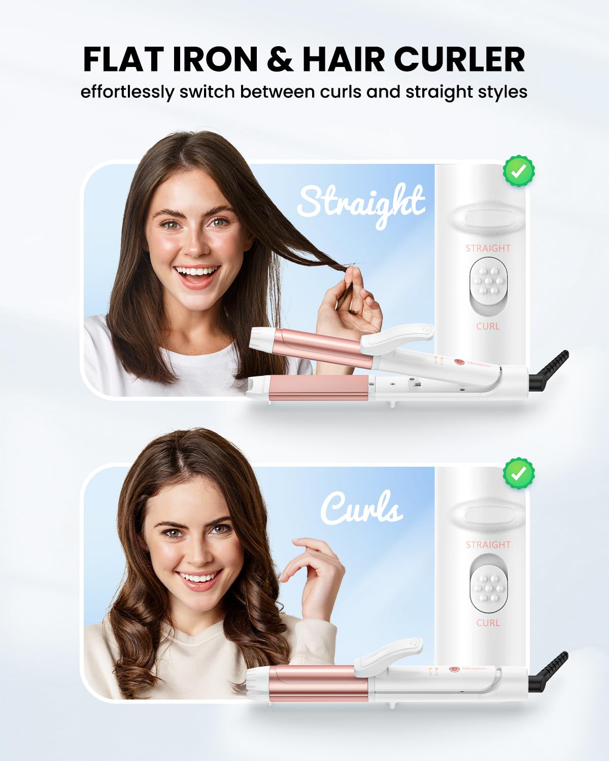 Mooqlizz dual voltage styling tool showing the temperature adjustment switch and power button details