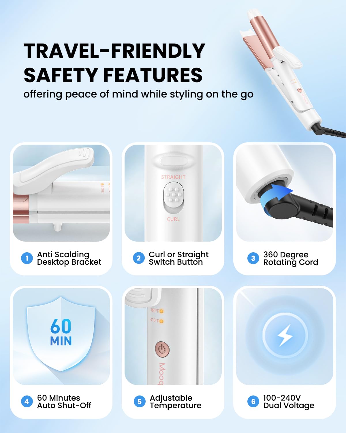 Mooqlizz mini curling iron and straightener combo showcasing the 360 degree tangle free swivel cord