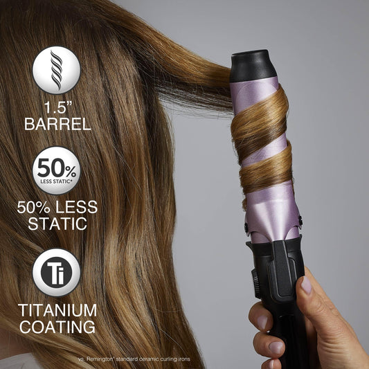 Side profile of the Remington titanium protected hair curler showing the thirty digital temperature adjustment controls.