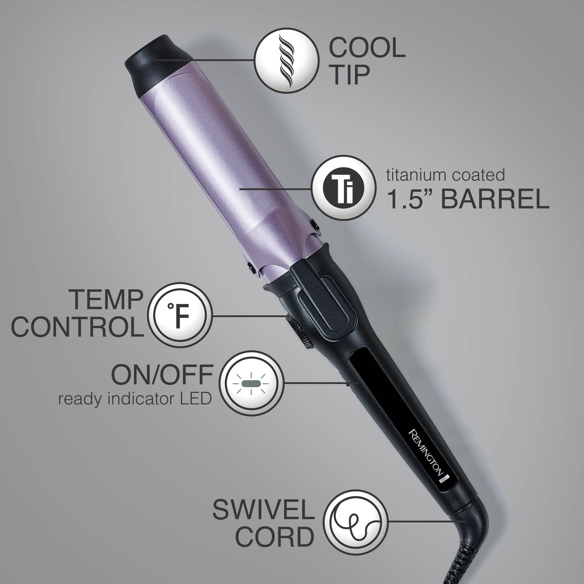 Three quarter angle view of the authentic Remington imported hair curling iron showcasing the heavy duty swivel cord connection.