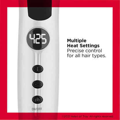 Close up view of the digital LCD display on the Revlon Crystal C curling iron set at a high temperature.