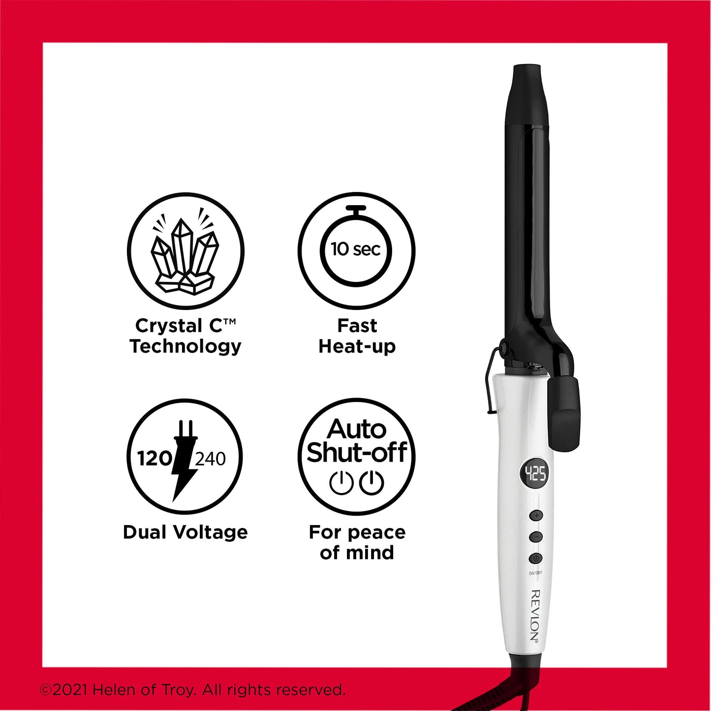 Revlon Crystal C ceramic curler unboxed showing the tangle free cord and safety stand features.