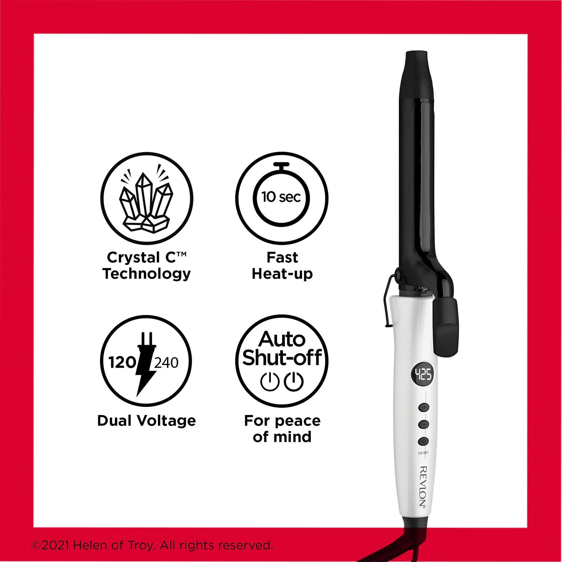Revlon Crystal C ceramic curler unboxed showing the tangle free cord and safety stand features.