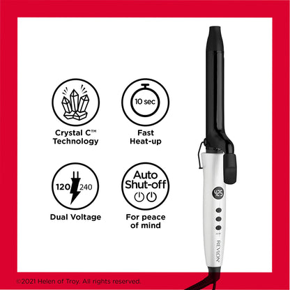 Revlon Crystal C ceramic curler unboxed showing the tangle free cord and safety stand features.