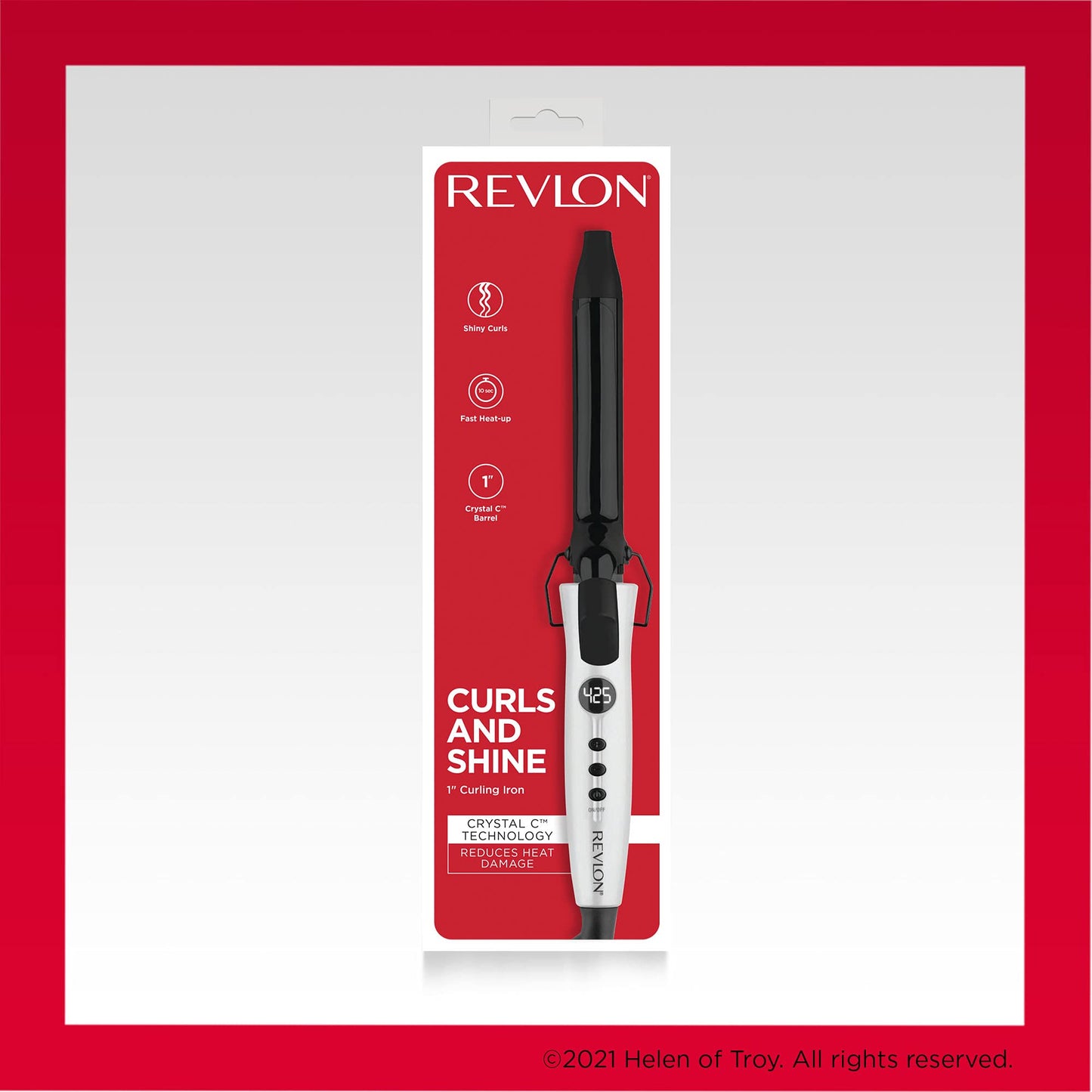 Angled view of the Revlon one inch curling iron demonstrating its sleek premium travel friendly design.
