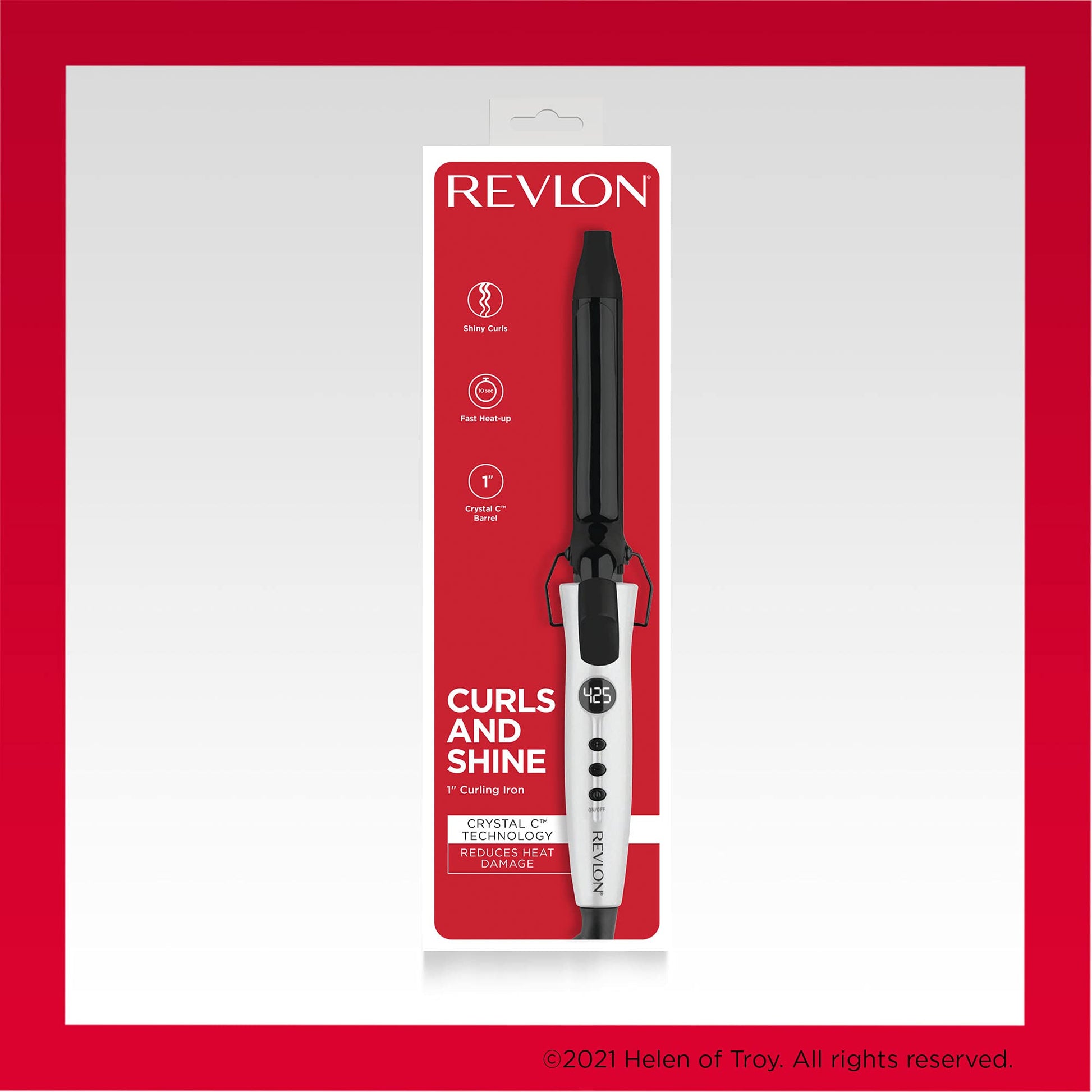 Angled view of the Revlon one inch curling iron demonstrating its sleek premium travel friendly design.