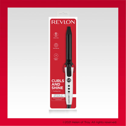 Angled view of the Revlon one inch curling iron demonstrating its sleek premium travel friendly design.