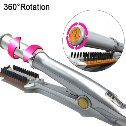 Side profile of the JMADENQ dual purpose hair straightener and curler displaying its ergonomic grip
