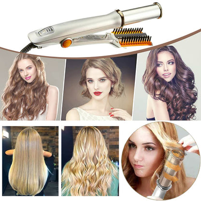 The premium silver rotating roller curling iron showcasing its rapid PTC heating element construction
