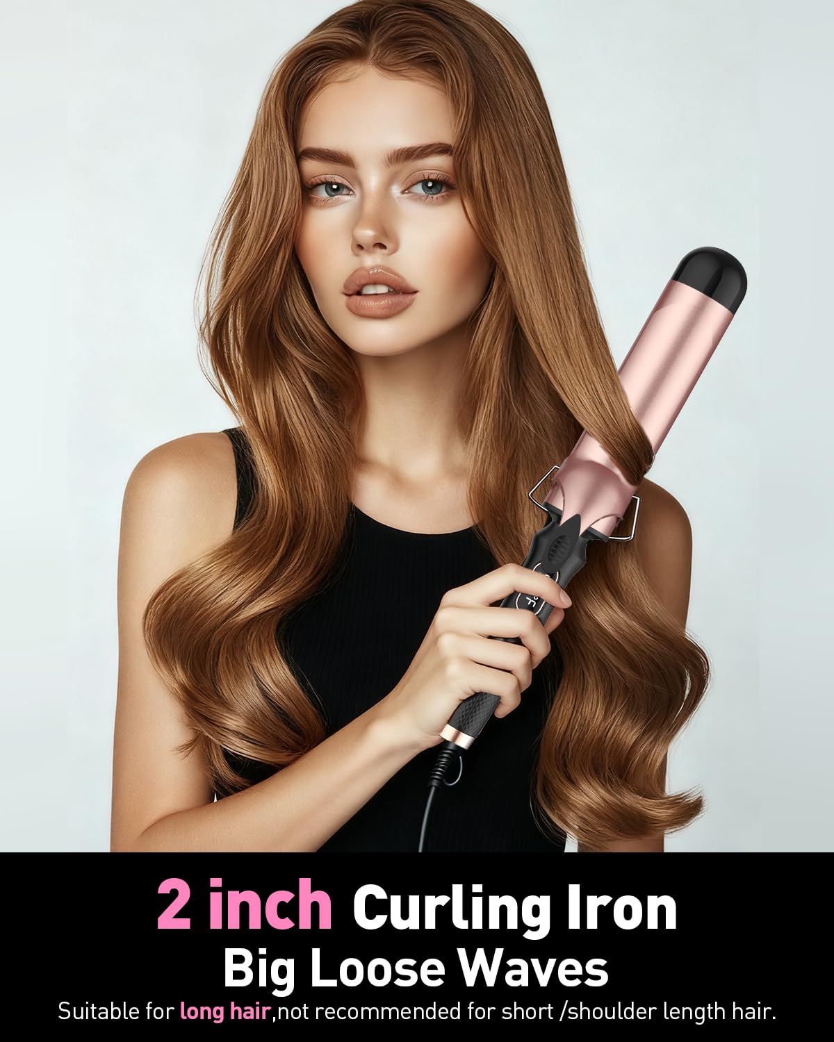 Close up view of the YEEGOR long barrel curling wand digital LCD temperature display screen and control buttons.