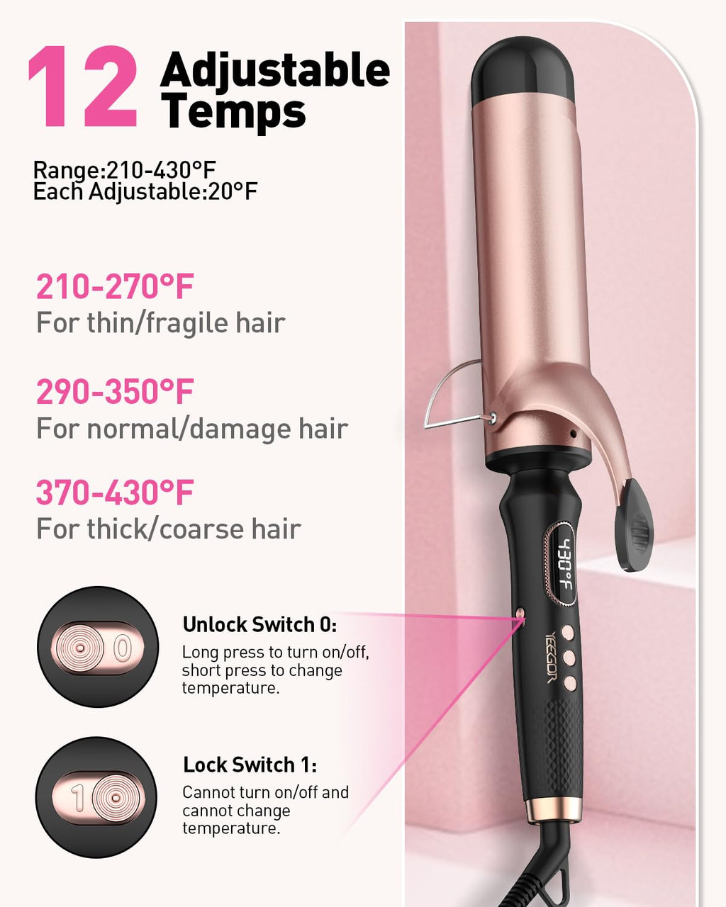 YEEGOR dual voltage hair curler showcasing the extra long 7.5 inch barrel design optimized for long hair styling.