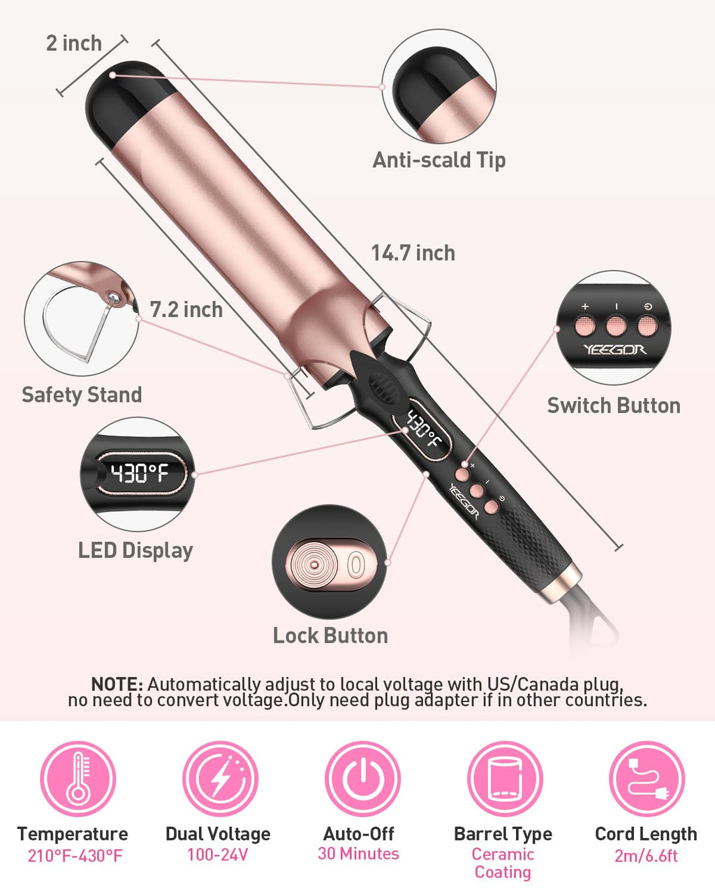 YEEGOR large wave curling iron packaged contents showcasing the premium heat styling tool with protective barrel coating.