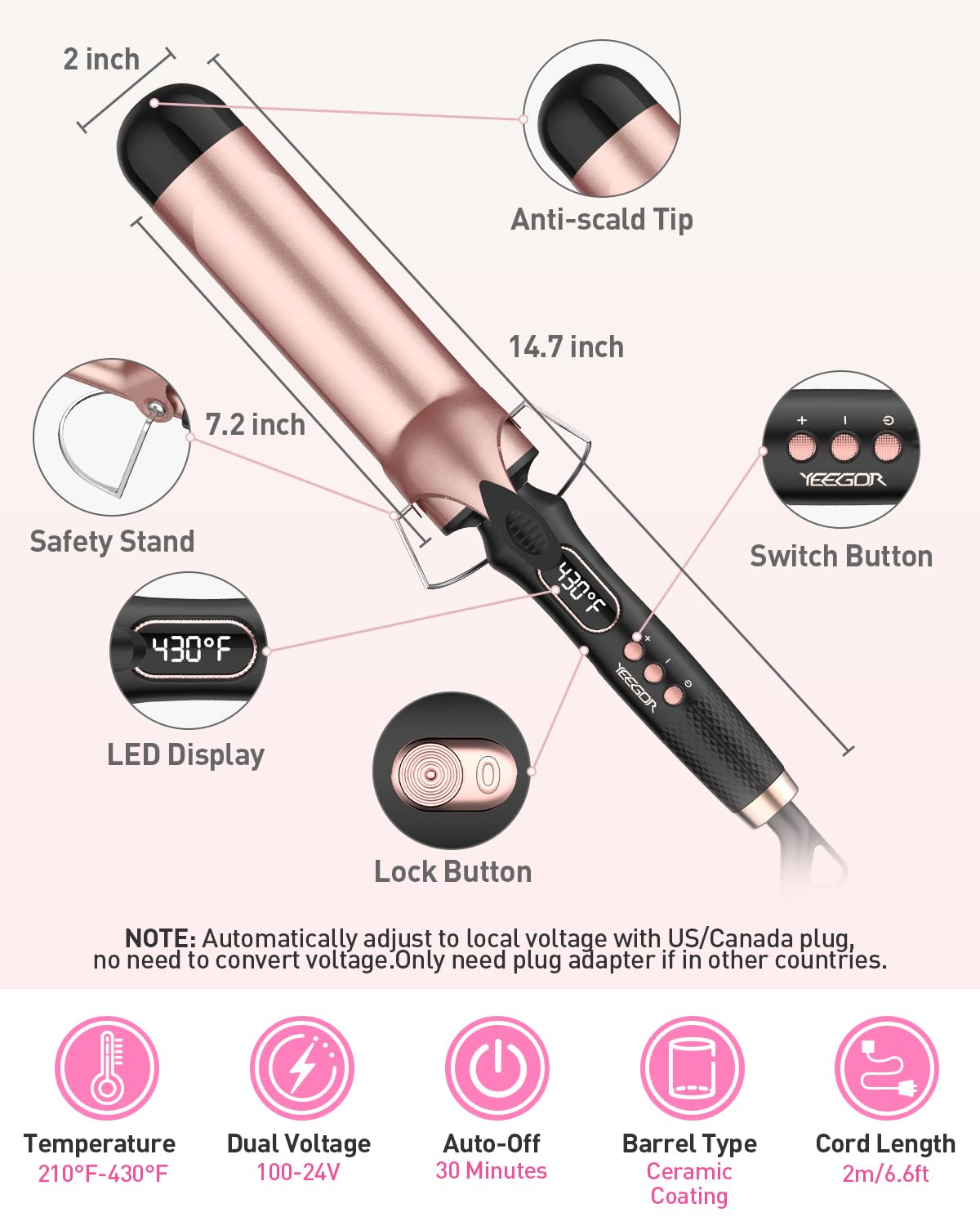 YEEGOR large wave curling iron packaged contents showcasing the premium heat styling tool with protective barrel coating.