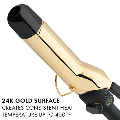 Hot Tools one and a half inch hair curler angled view demonstrating the spring clamp mechanism