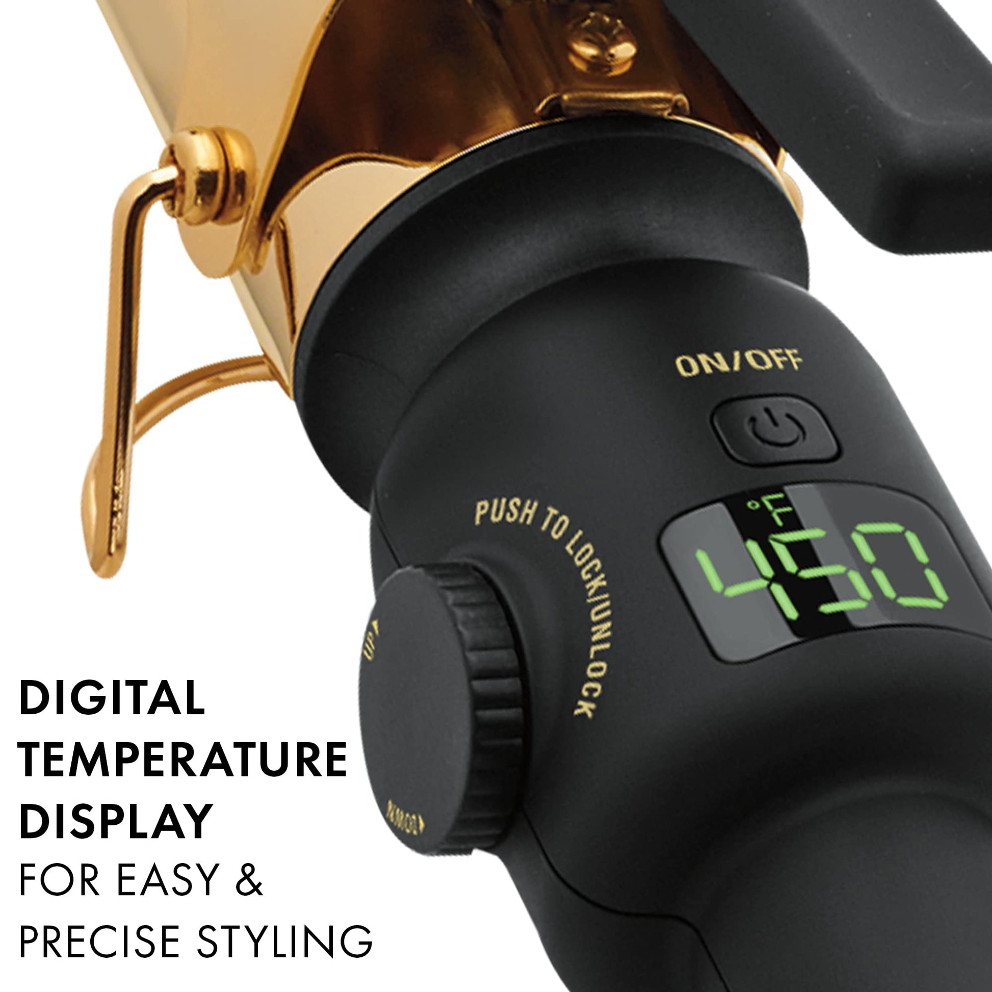 Professional gold barrel hair curling wand with long swivel cord for effortless styling control