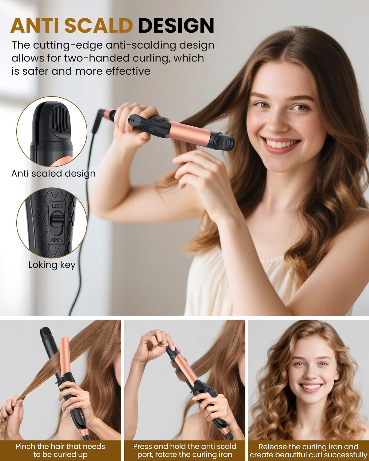 AmoVee dual voltage curling iron barrel demonstrating rapid PTC heating