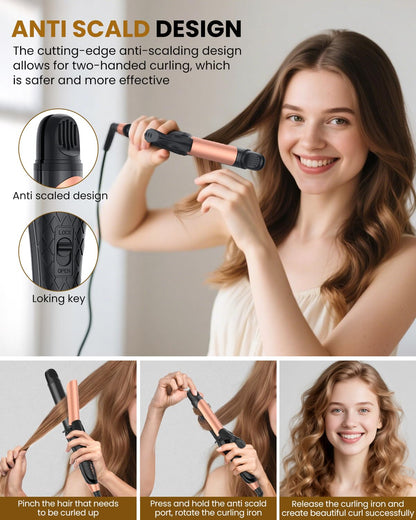 AmoVee dual voltage curling iron barrel demonstrating rapid PTC heating