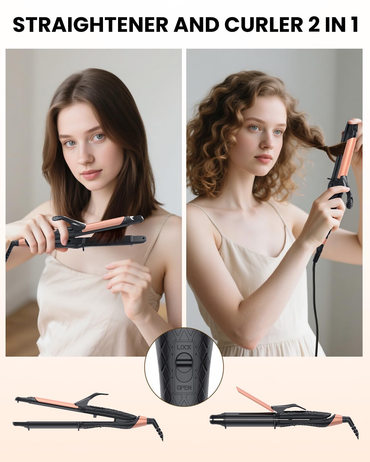 AmoVee 2 in 1 mini flat iron showing ceramic tourmaline plates close up