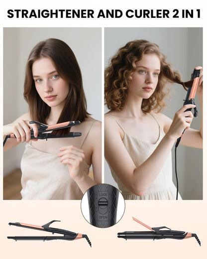 AmoVee 2 in 1 mini flat iron showing ceramic tourmaline plates close up