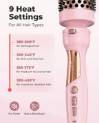 Close up view of the digital temperature display on the handle of the pink Farery hot brush.