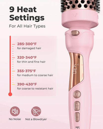 Close up view of the digital temperature display on the handle of the pink Farery hot brush.