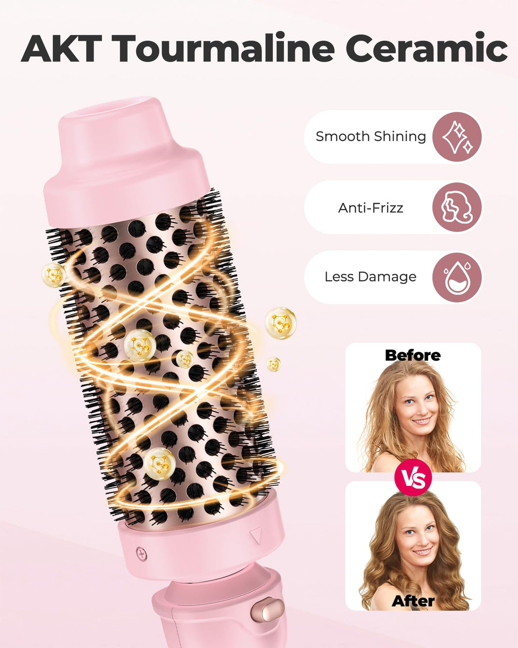 Farery ceramic heated round brush showing the extended cool touch bristles and ionic barrel design.
