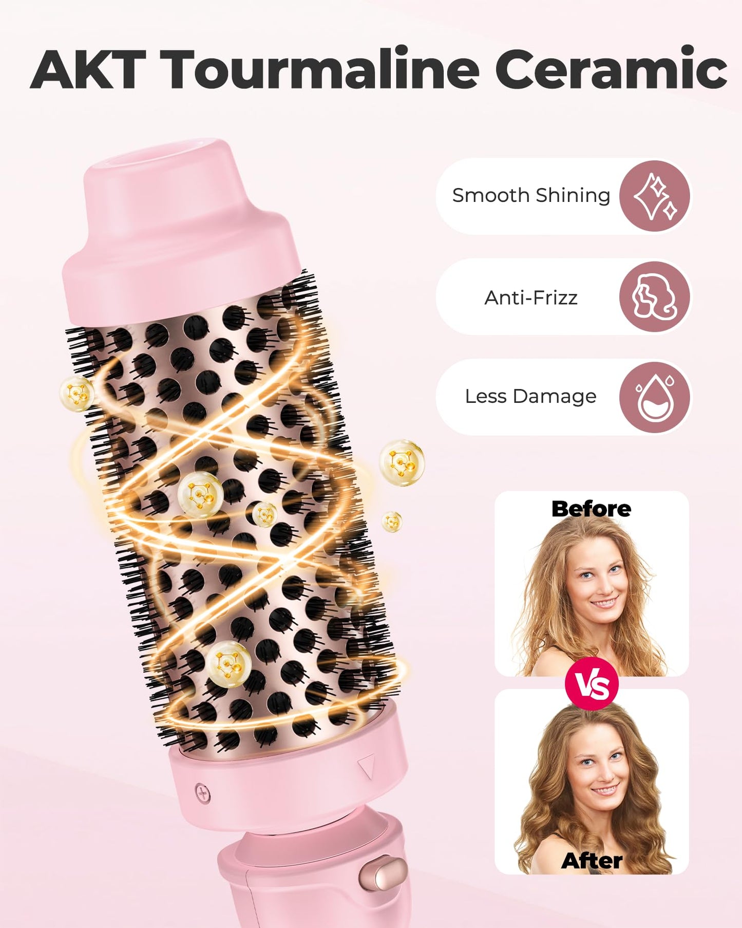 Farery ceramic heated round brush showing the extended cool touch bristles and ionic barrel design.