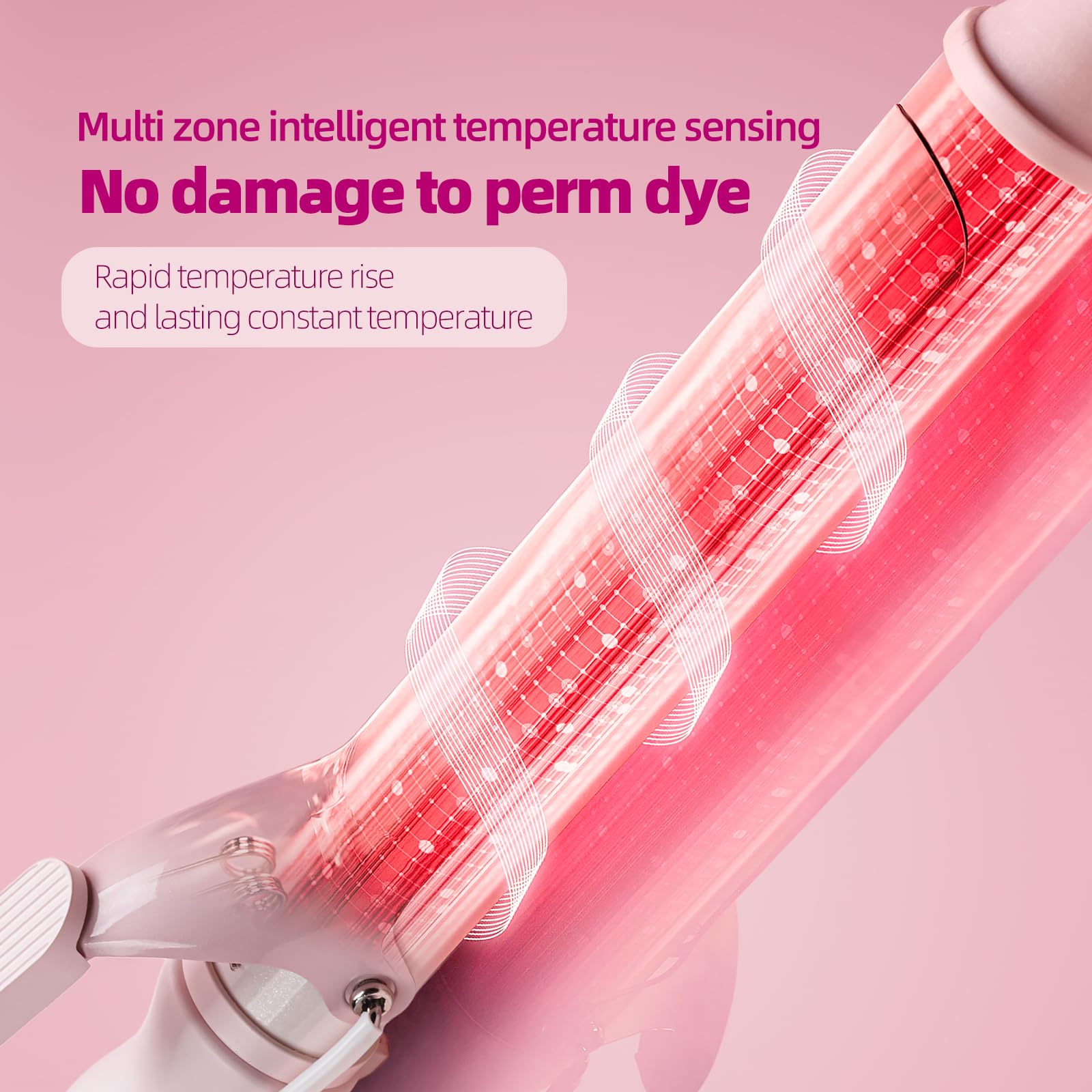 Close up view of the seven and a half inch extra long ceramic barrel on the Conair pink hair curler