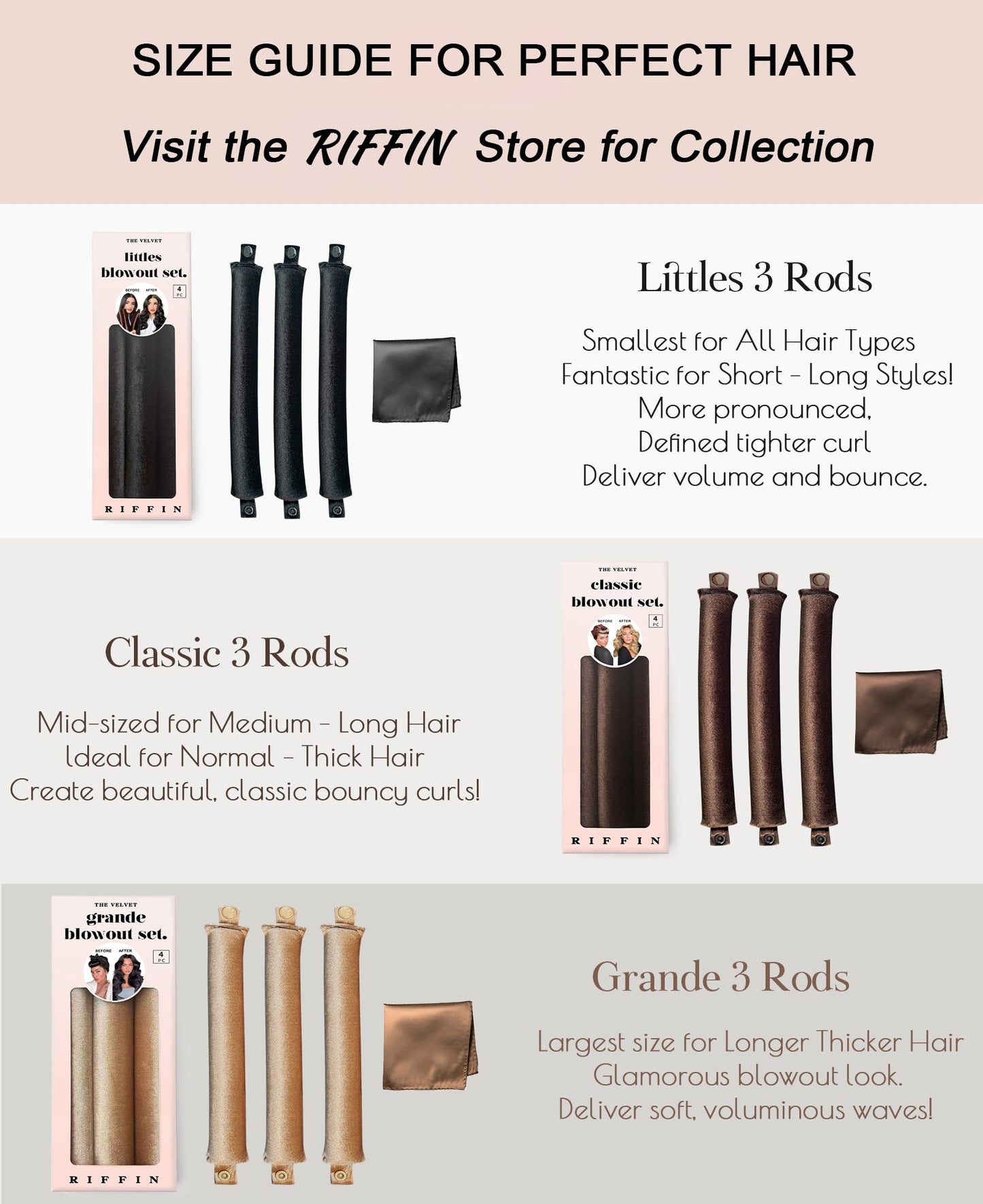 RIFFIN brown heatless hair curlers to sleep in highlighting the complete three piece rod set with satin wrap
