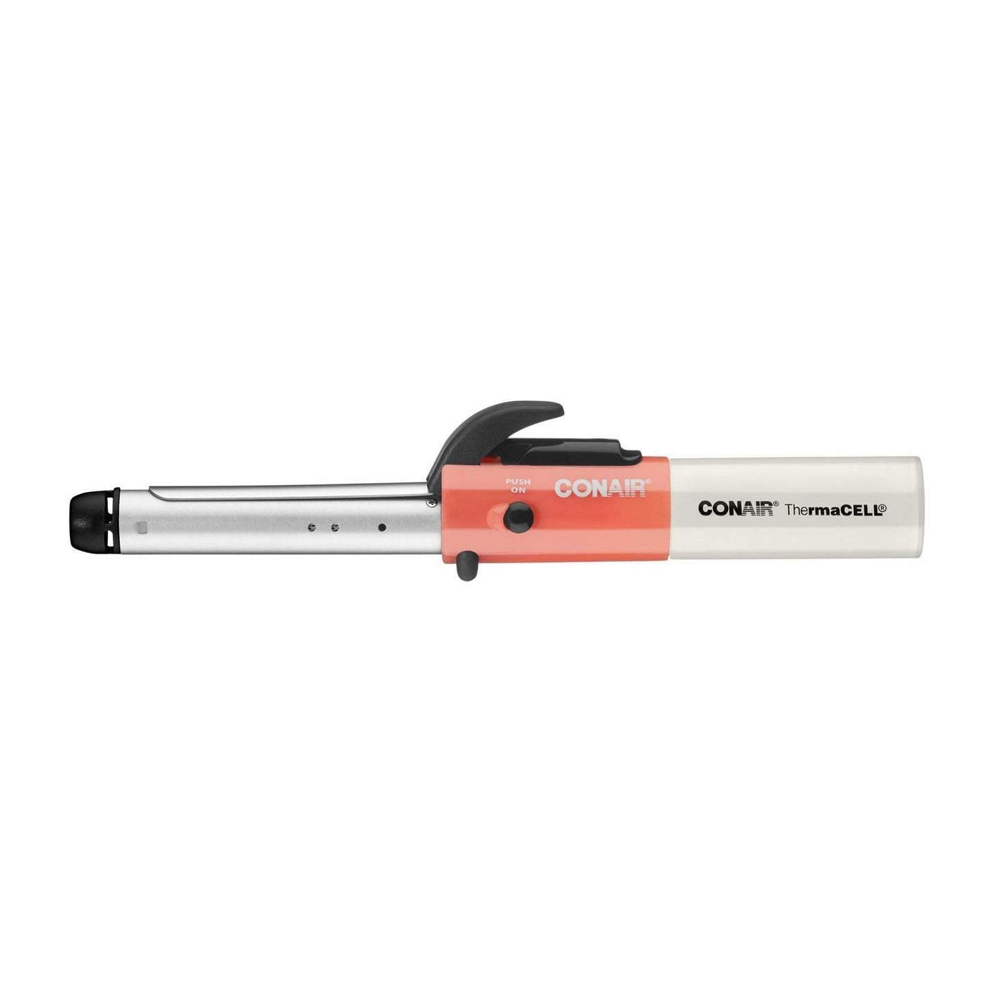 Close-up view of the Conair five eighths inch ceramic barrel and cordless handle setup.