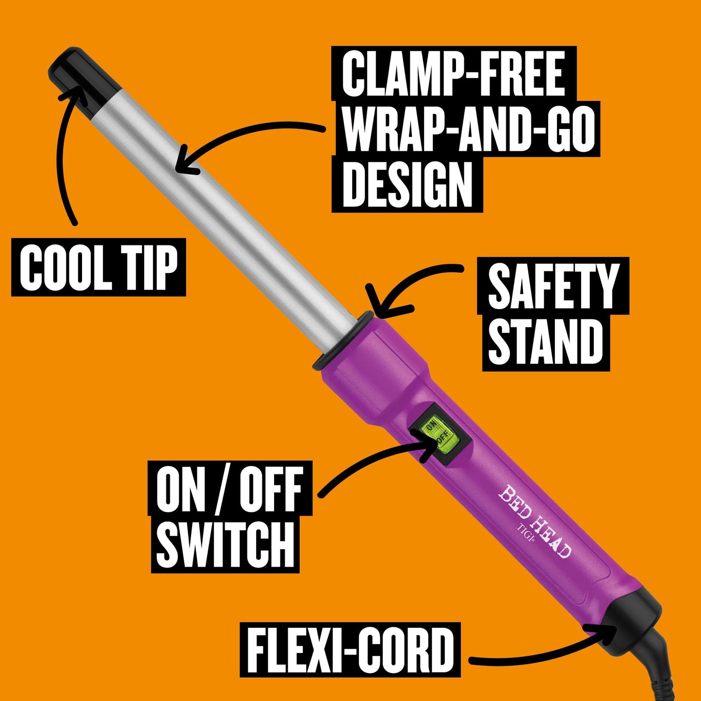 Side profile of the purple Bed Head Curlipops styling iron engineered for short hair styles.