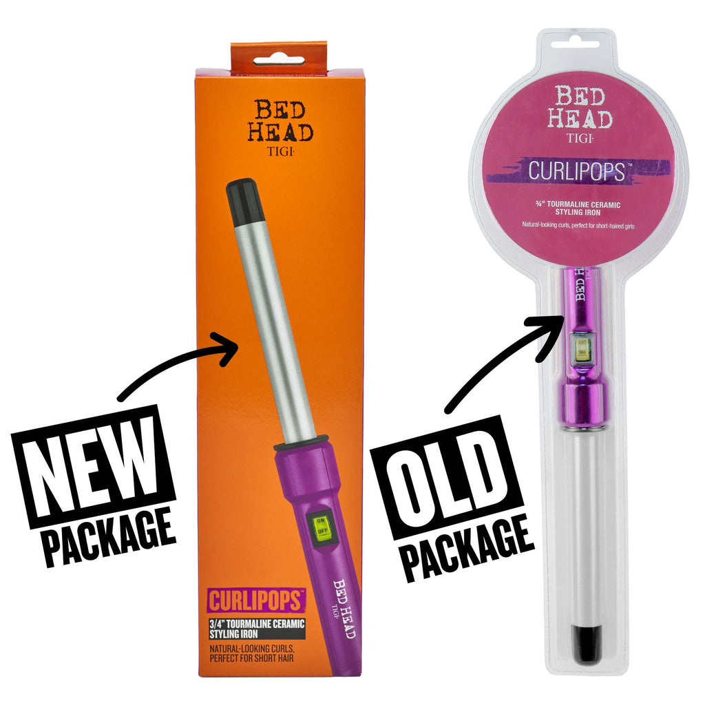 Bed Head Curlipops 0.75 inch clamp-free wand showing the ergonomic handle and sleek retail design.